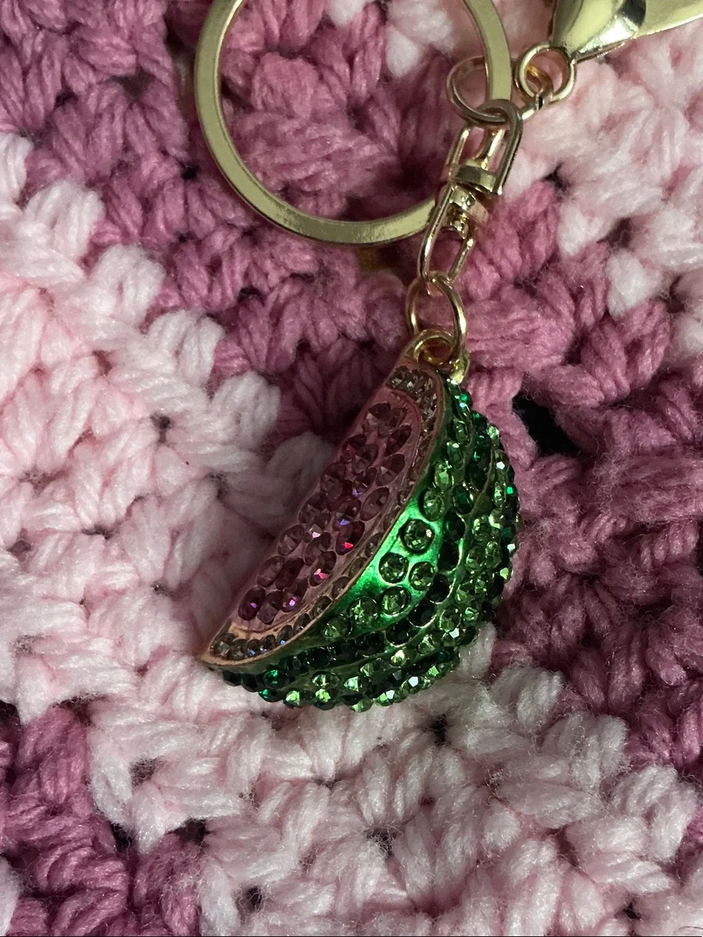 Fashion Jewelry Gold Watermelon Rhinestone Keychain with Pink & Green Accents